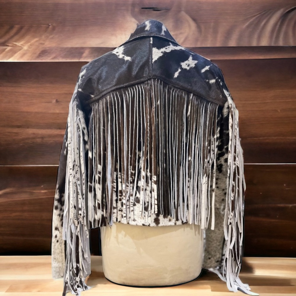 NEW CUSTOM London Fringe Dappled Pony Print Hair Calf Moto Jacket Black Brown L - Picture 9 of 11